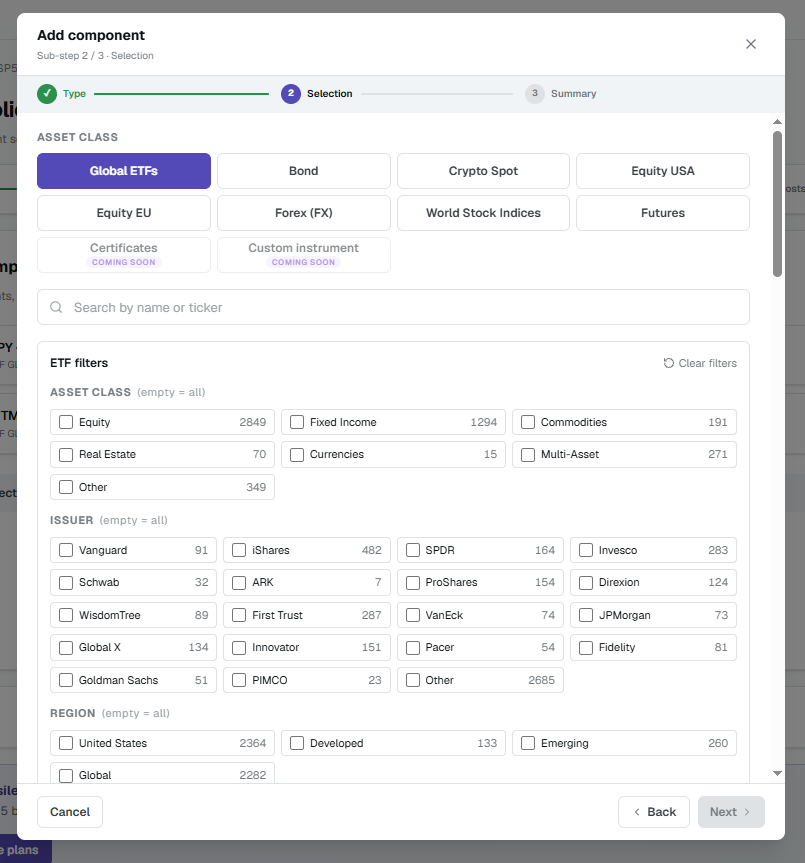 Add component — filter and select