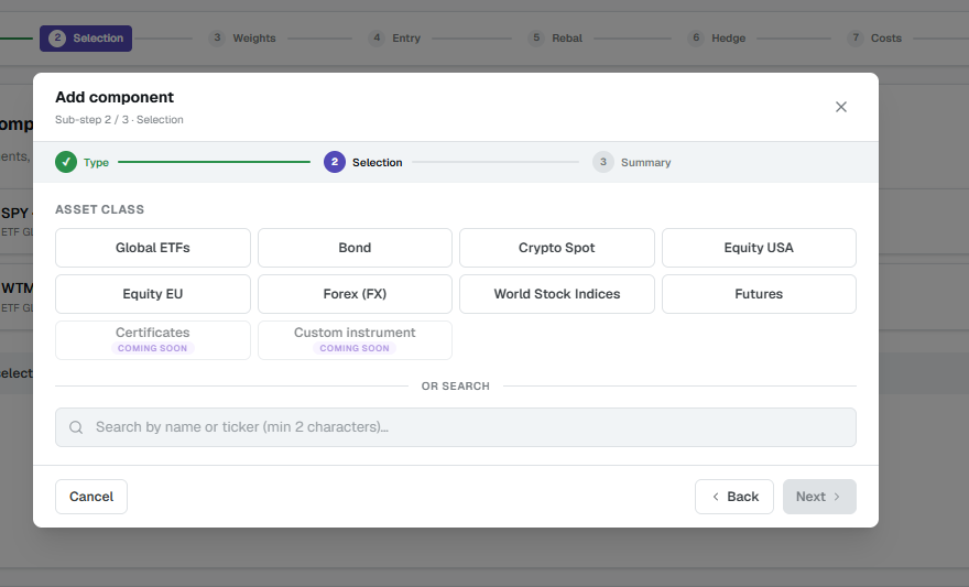 Add component — choose the asset class