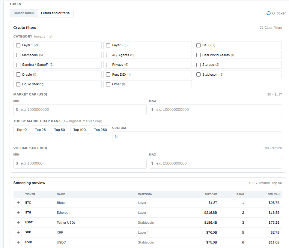 Crypto — categories and filters